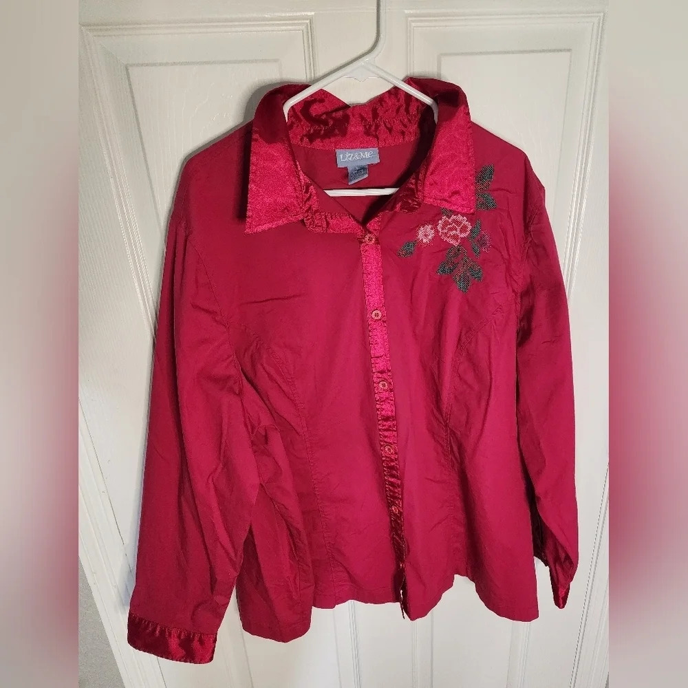 Liz & Me Womens Magenta Embroidered Collared Button Up Blouse - Picture 11 of 11